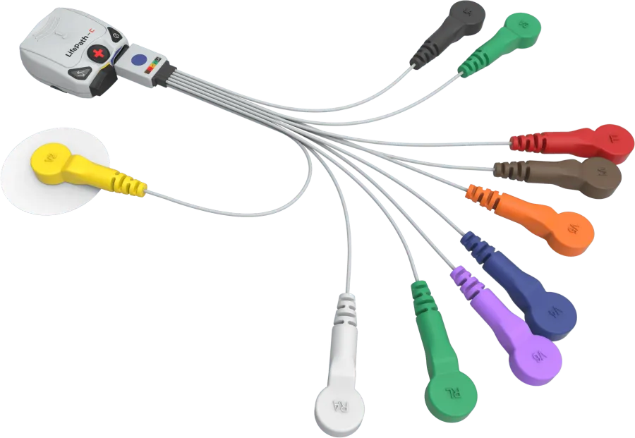 The LifePath-C monitor with its full set of colour-coded ECG leads fanned out